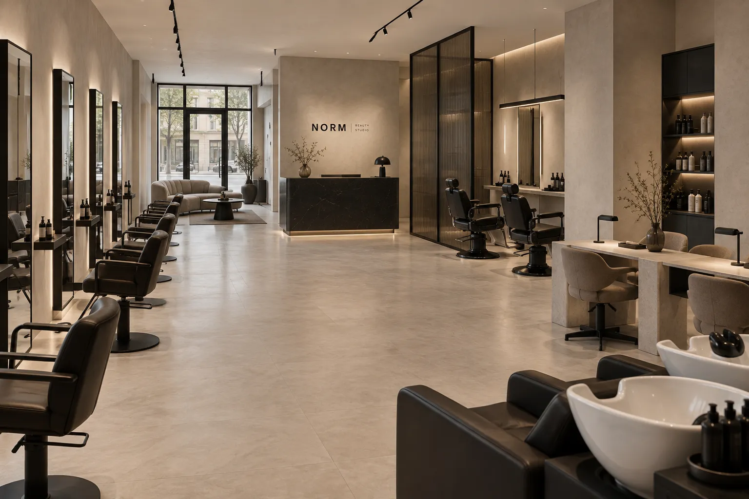 A szalon teljes tere: fodrászállomások, barber-székek, körmös részleg és mosóállások